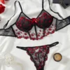 Women’s Semi-Sheer Embroidered Floral Lace Bustier Bra & Drop-Waist Thong Set
