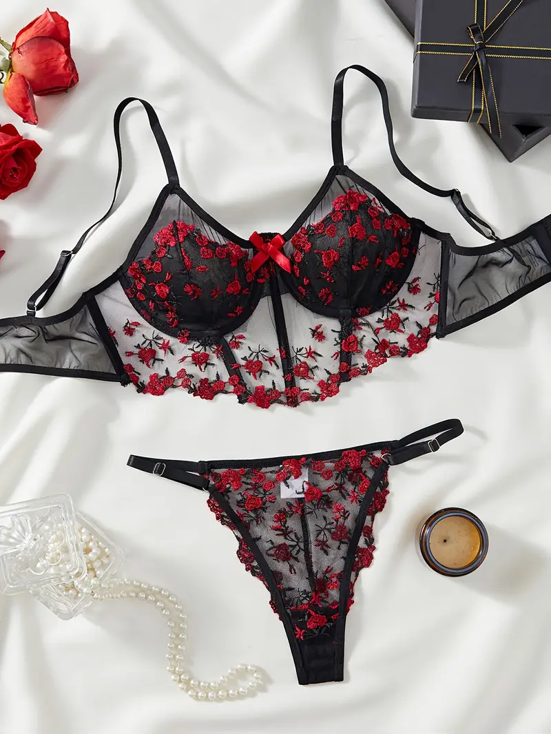 Women’s Semi-Sheer Embroidered Floral Lace Bustier Bra & Drop-Waist Thong Set