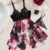 Women’s Black Lace & Floral Babydoll Lingerie Set with Thong