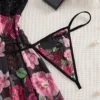 Women’s Black Lace & Floral Babydoll Lingerie Set with Thong