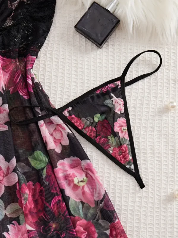 Women’s Black Lace & Floral Babydoll Lingerie Set with Thong
