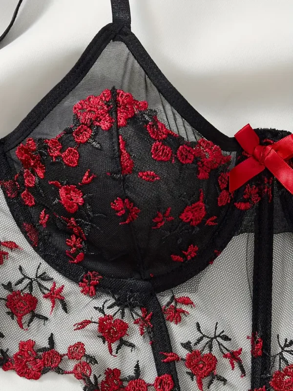 Women’s Semi-Sheer Floral Lace Bustier & Thong Lingerie Set