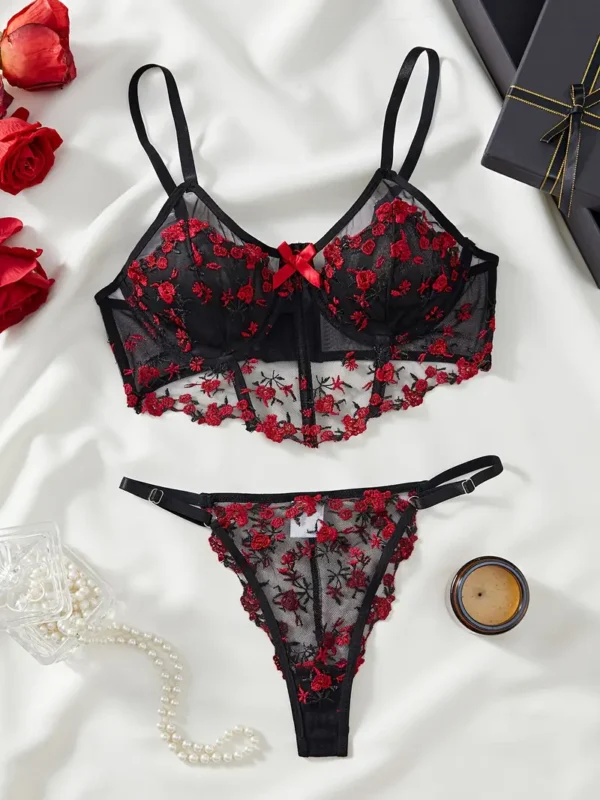 Women’s Semi-Sheer Floral Lace Bustier & Thong Lingerie Set