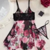 Women’s Black Lace & Floral Babydoll Lingerie Set with Thong
