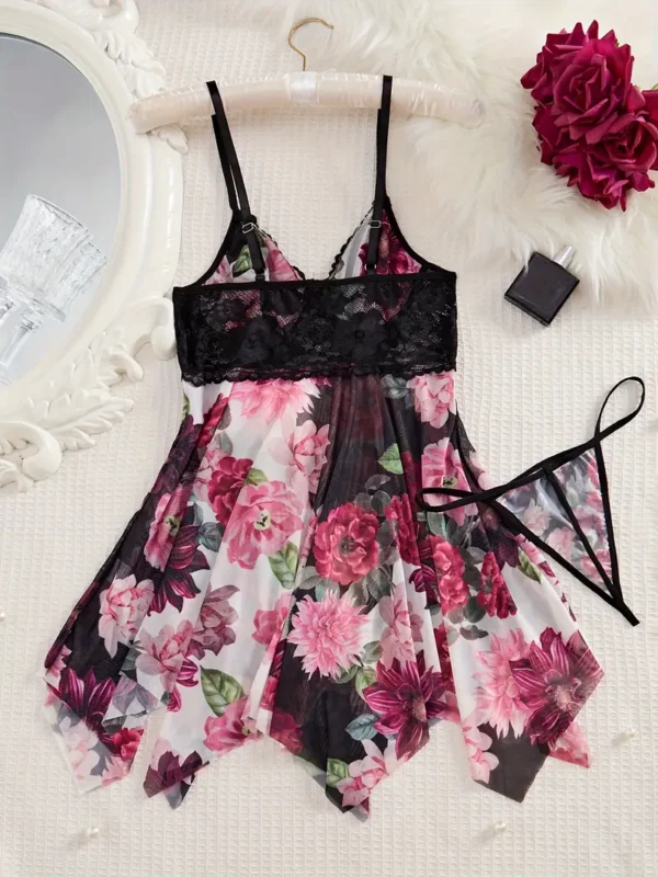 Women’s Black Lace & Floral Babydoll Lingerie Set with Thong