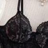 Women’s Black Lace & Floral Babydoll Lingerie Set with Thong