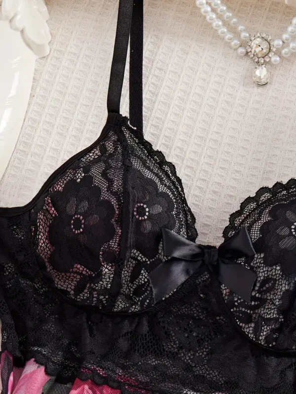 Women’s Black Lace & Floral Babydoll Lingerie Set with Thong