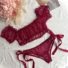 Women’s Sheer Off-Shoulder Ruffled Mesh Crop Top & Tie-Side Thong Set