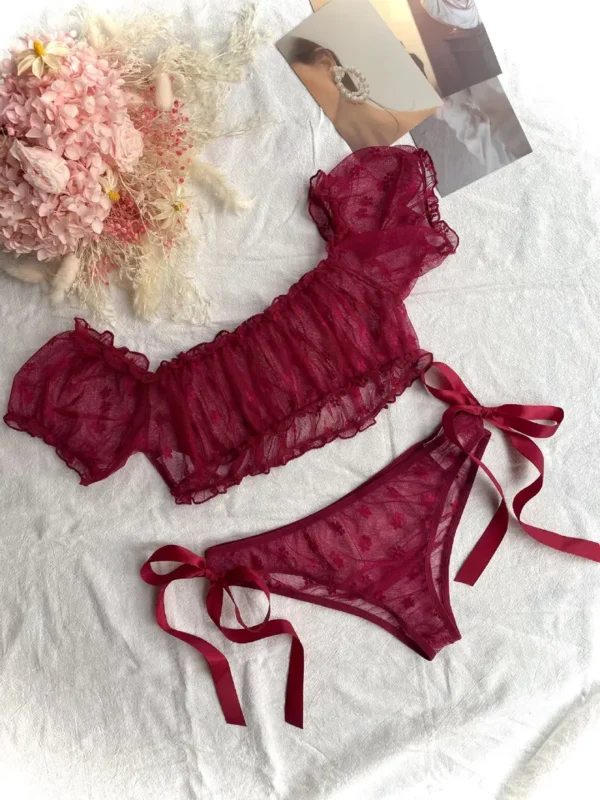 Women’s Sheer Off-Shoulder Ruffled Mesh Crop Top & Tie-Side Thong Set