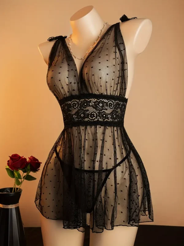 Sheer Polka-Dot Mesh Babydoll Nightdress & Thong Set