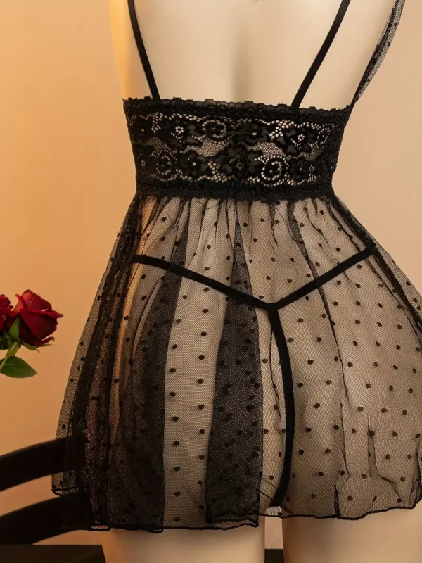 Sheer Polka-Dot Mesh Babydoll Nightdress & Thong Set