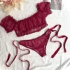 Women’s Sheer Off-Shoulder Ruffled Mesh Crop Top & Tie-Side Thong Set