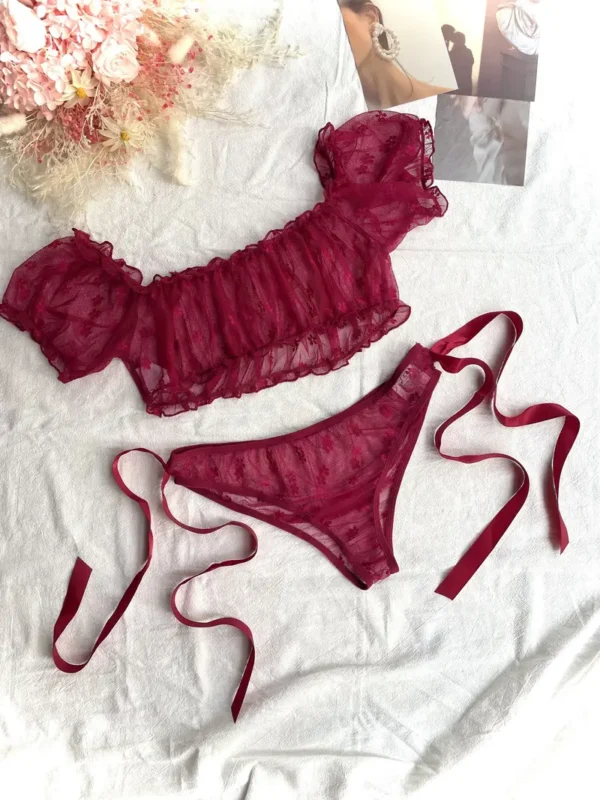 Women’s Sheer Off-Shoulder Ruffled Mesh Crop Top & Tie-Side Thong Set