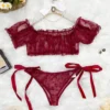 Women’s Sheer Off-Shoulder Ruffled Mesh Crop Top & Tie-Side Thong Set