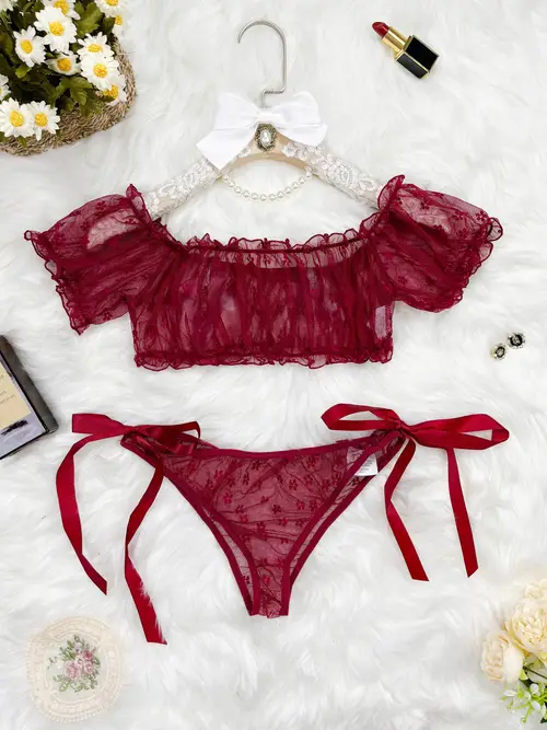 Women’s Sheer Off-Shoulder Ruffled Mesh Crop Top & Tie-Side Thong Set