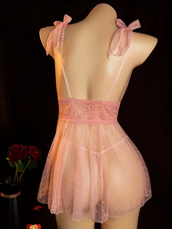 Sheer Polka-Dot Mesh Babydoll Nightdress & Thong Set