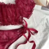 Women’s Sheer Off-Shoulder Ruffled Mesh Crop Top & Tie-Side Thong Set