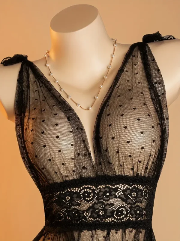 Sheer Polka-Dot Mesh Babydoll Nightdress & Thong Set
