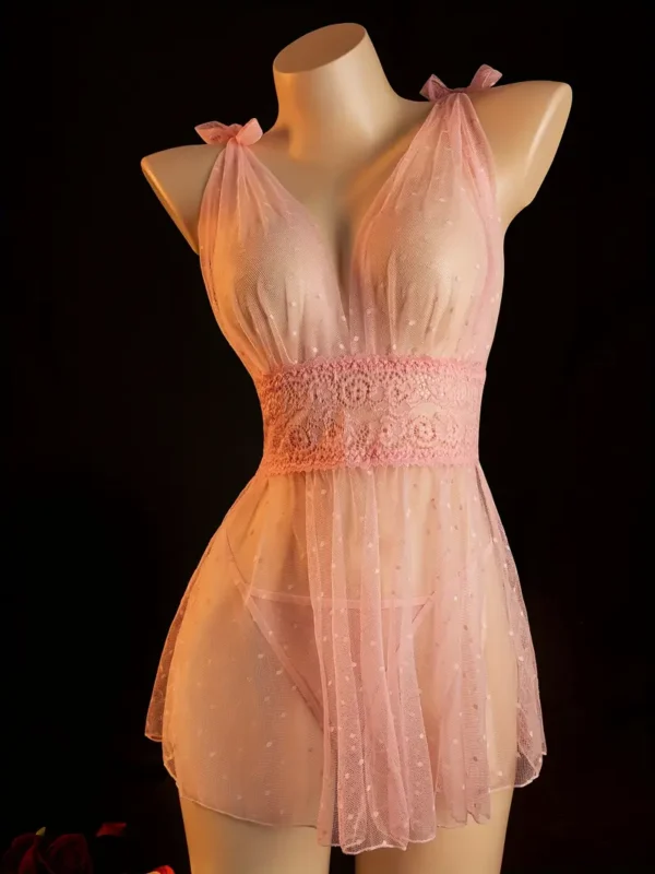 Sheer Polka-Dot Mesh Babydoll Nightdress & Thong Set