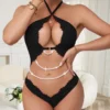 Women’s Black Lace Pearl-Accent Halter Teddy Bodysuit