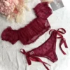 Women’s Sheer Off-Shoulder Ruffled Mesh Crop Top & Tie-Side Thong Set