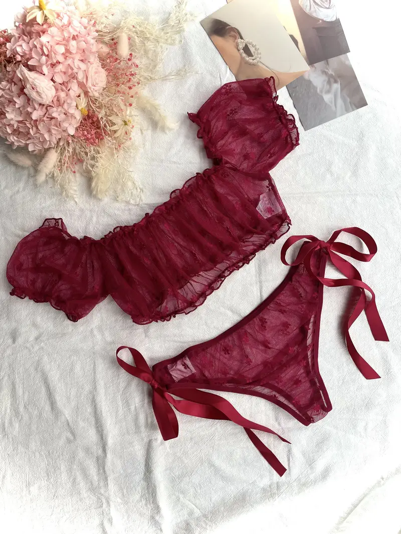 Women’s Sheer Off-Shoulder Ruffled Mesh Crop Top & Tie-Side Thong Set