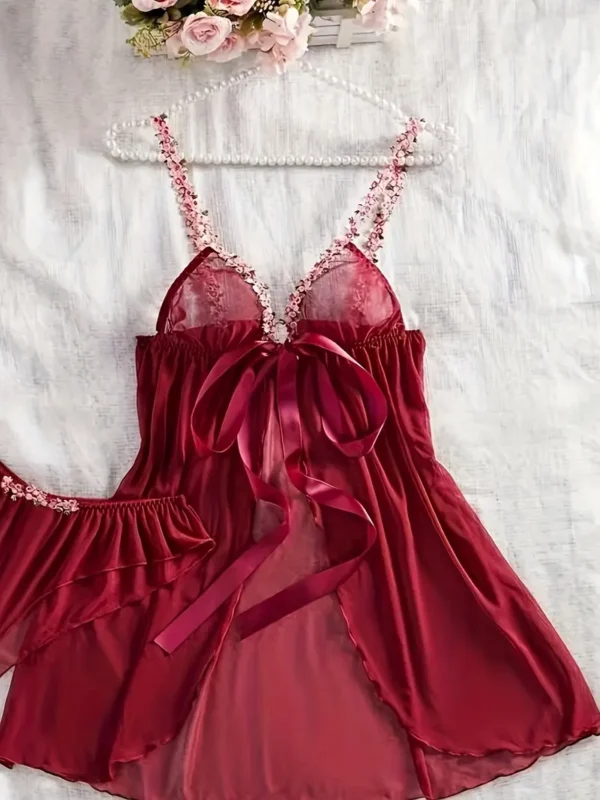 Floral Embroidered Mesh Babydoll & Tie-Front Panty Set