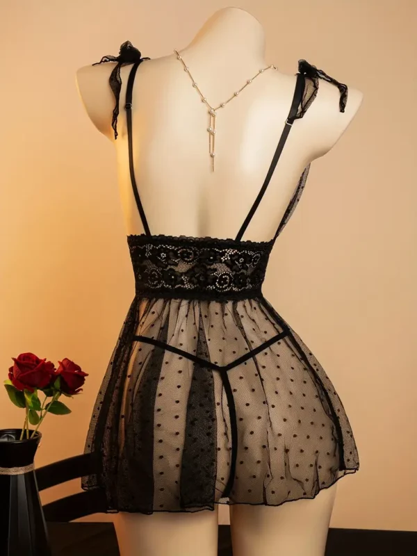 Sheer Polka-Dot Mesh Babydoll Nightdress & Thong Set