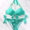 Women’s Mint Green Tie-Front Halter Bikini Set with Paisley Print Bottoms
