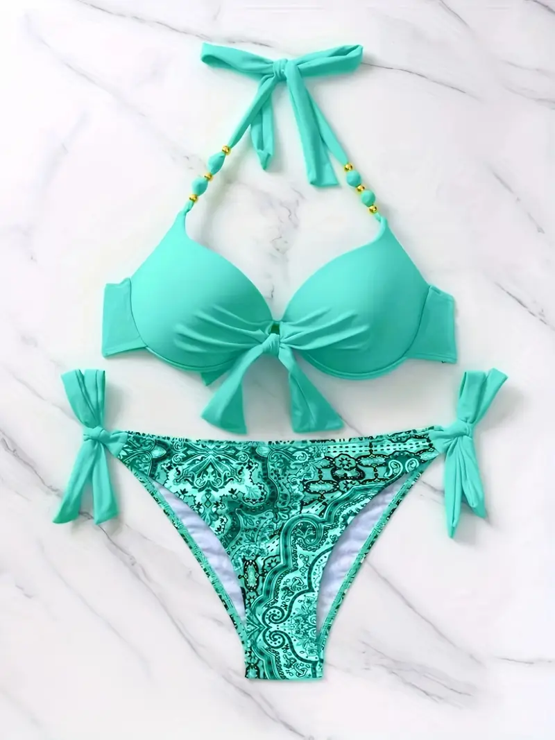 Women’s Mint Green Tie-Front Halter Bikini Set with Paisley Print Bottoms