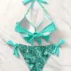 Women’s Mint Green Tie-Front Halter Bikini Set with Paisley Print Bottoms