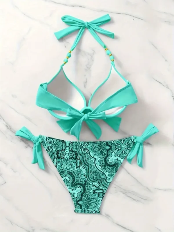 Women’s Mint Green Tie-Front Halter Bikini Set with Paisley Print Bottoms