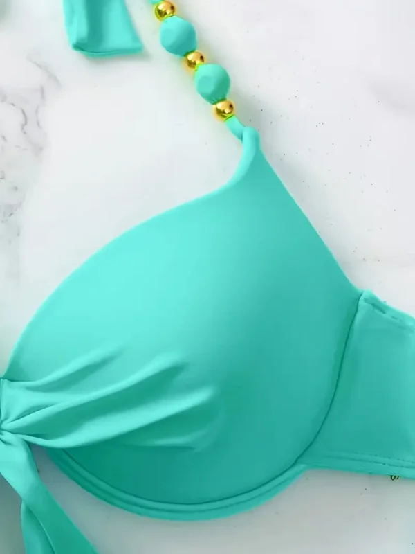 Women’s Mint Green Tie-Front Halter Bikini Set with Paisley Print Bottoms